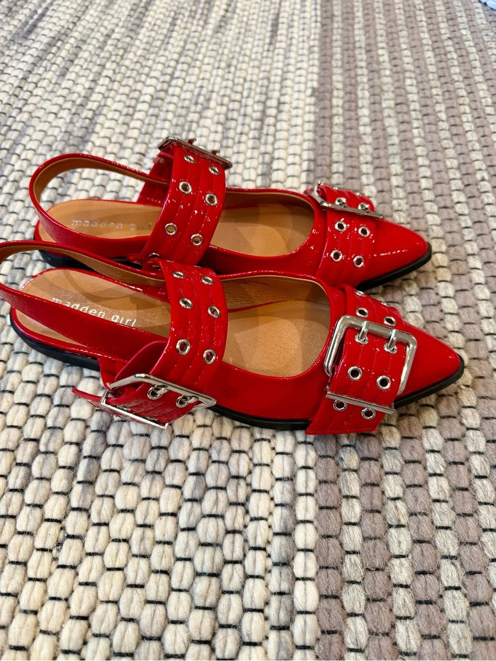 Madden Girl Red Patent Pointed-Toe Buckle Flats